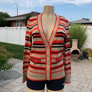 Cache Beige Orange Black Striped Longer Cardigan Sweater Gold size M (B129)